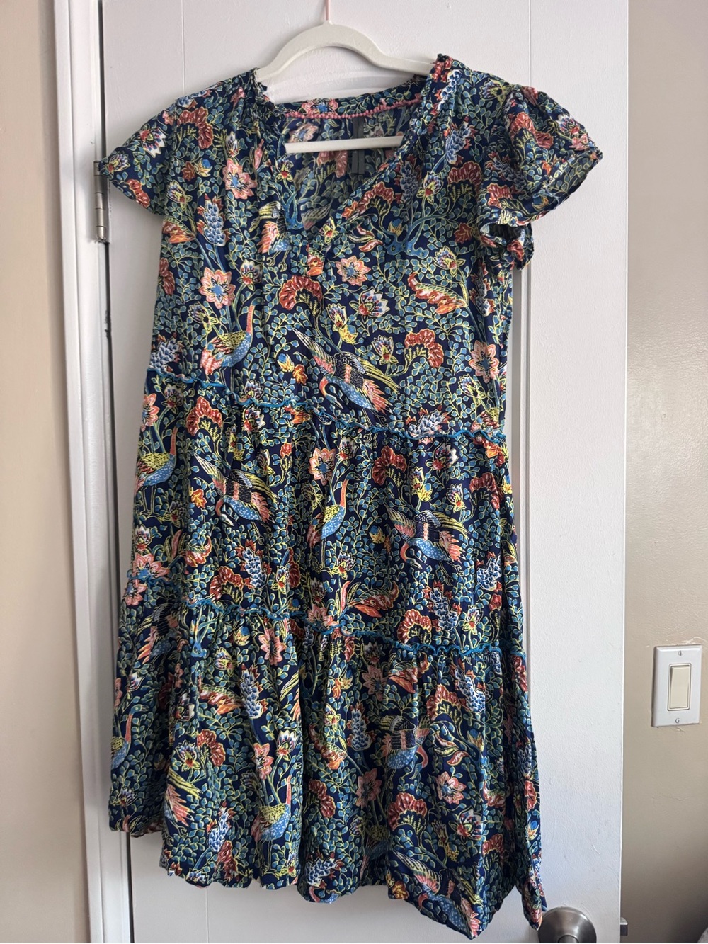 Floral Tiered Navy Blue Short Sleeve Dress